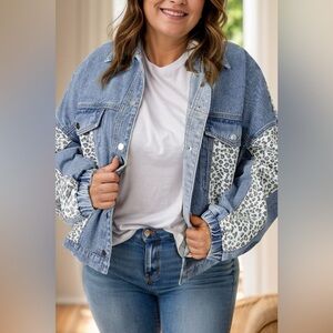Plus Size Leopard Long Sleeve Denim Jacket